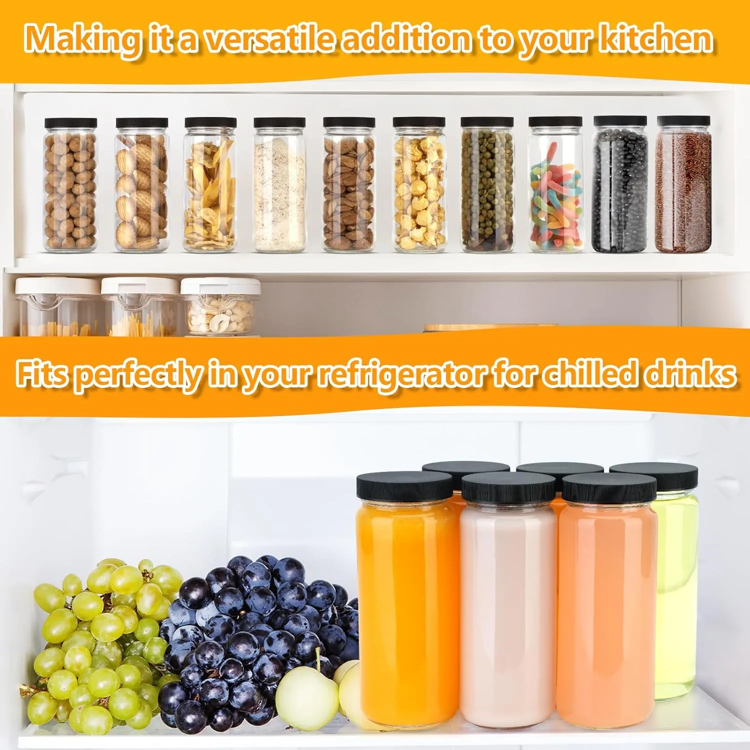 Zukro Glass Juice Bottles with Lids, 16 oz Wide Mouth Juicing Bottle Reusable Glass, Clear Smoothie Cups with Straw, Airtight Lid, Leak Proof Drinking Mason Jar For Water, Bubble Tea, Dishwasher Safe
