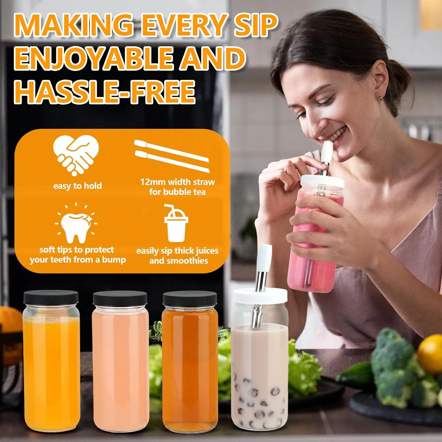Zukro Glass Juice Bottles with Lids, 16 oz Wide Mouth Juicing Bottle Reusable Glass, Clear Smoothie Cups with Straw, Airtight Lid, Leak Proof Drinking Mason Jar For Water, Bubble Tea, Dishwasher Safe