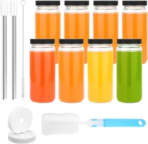 Zukro Glass Juice Bottles with Lids, 16 oz Wide Mouth Juicing Bottle Reusable Glass, Clear Smoothie Cups with Straw, Airtight Lid, Leak Proof Drinking Mason Jar For Water, Bubble Tea, Dishwasher Safe