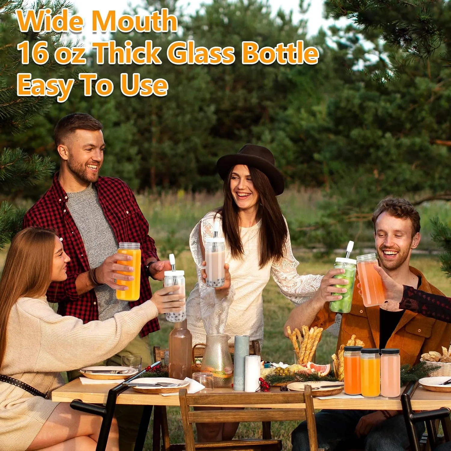 Zukro Glass Juice Bottles with Lids, 16 oz Wide Mouth Juicing Bottle Reusable Glass, Clear Smoothie Cups with Straw, Airtight Lid, Leak Proof Drinking Mason Jar For Water, Bubble Tea, Dishwasher Safe