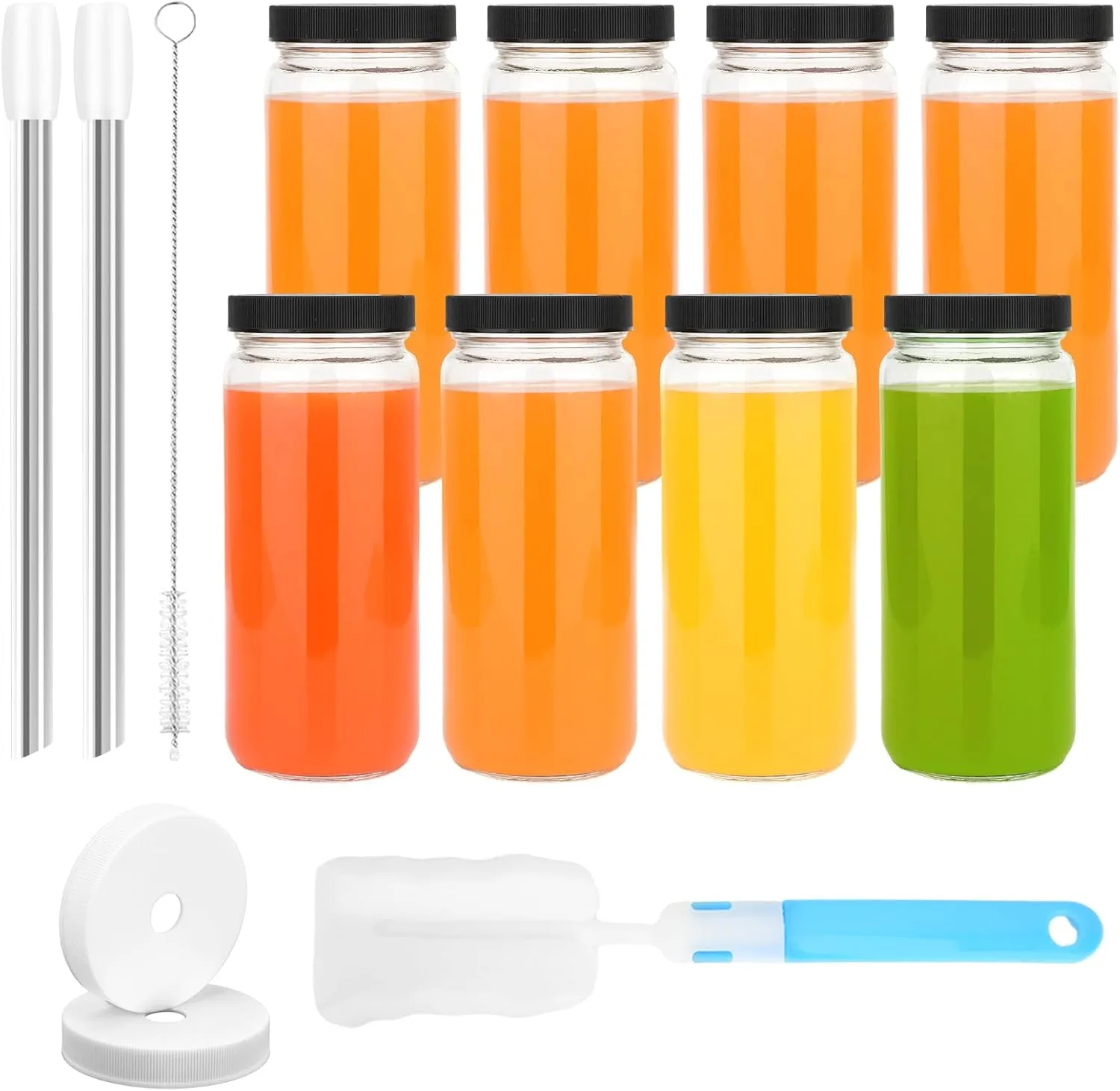 Zukro Glass Juice Bottles with Lids, 16 oz Wide Mouth Juicing Bottle Reusable Glass, Clear Smoothie Cups with Straw, Airtight Lid, Leak Proof Drinking Mason Jar For Water, Bubble Tea, Dishwasher Safe