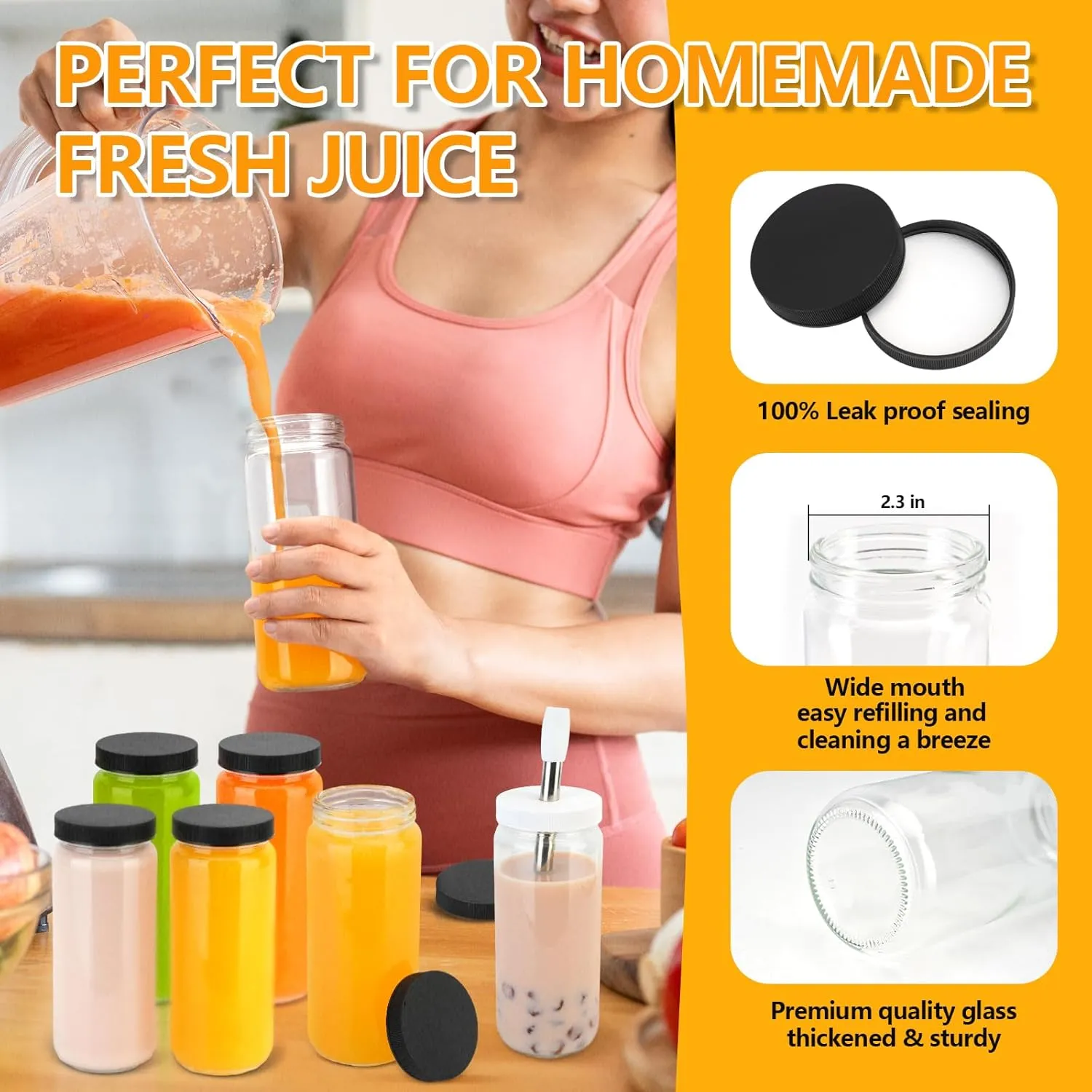 Zukro Glass Juice Bottles with Lids, 16 oz Wide Mouth Juicing Bottle Reusable Glass, Clear Smoothie Cups with Straw, Airtight Lid, Leak Proof Drinking Mason Jar For Water, Bubble Tea, Dishwasher Safe