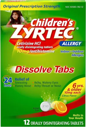 Zyrtec Children's 24 HR Dissolving Allergy Relief Tablets with Cetirizine, Citrus Flavored, 12 ct